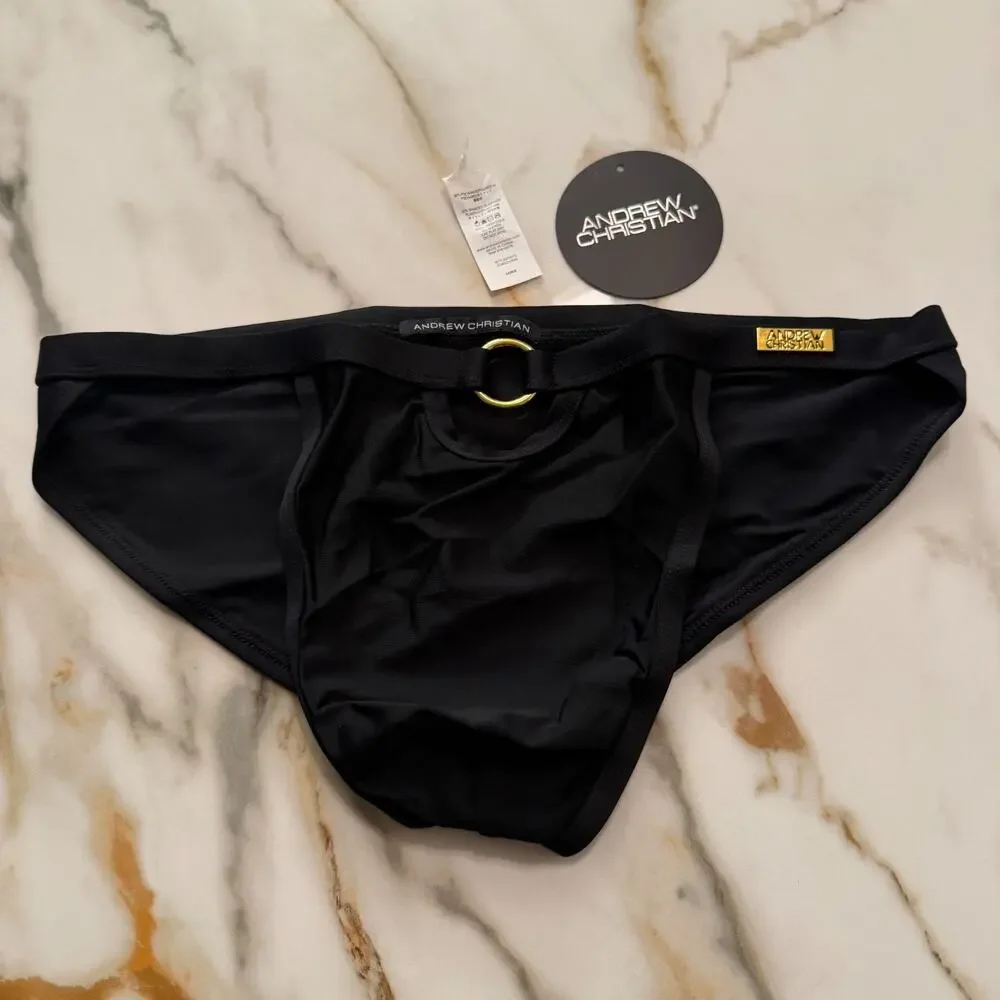 NEW Andrew Christian Savoy Ring Swim Bikini Black Size Large